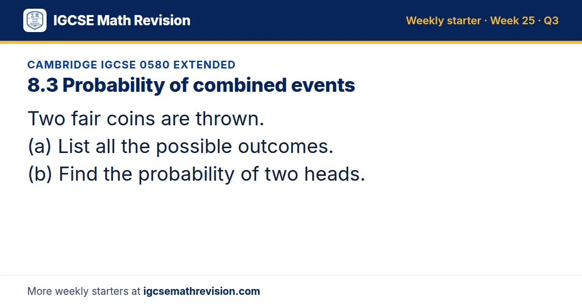 Cambridge IGCSE 0580 Extended starter question on 8.3 Probability of combined events: Two fair coins are thrown. (a) List all the possible outcomes. (b) Find the probability of two heads.