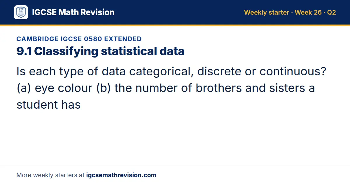 Cambridge IGCSE 0580 Extended starter question on 9.1 Classifying statistical data: Is each type of data categorical, discrete or continuous? (a) eye colour (b) the number of brothers and sisters a student has