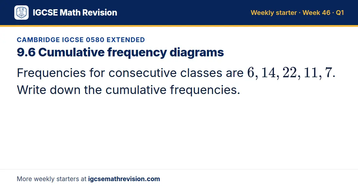 Cambridge IGCSE 0580 Extended starter question on 9.6 Cumulative frequency diagrams: Frequencies for consecutive classes are 6, 14, 22, 11, 7. Write down the cumulative frequencies.