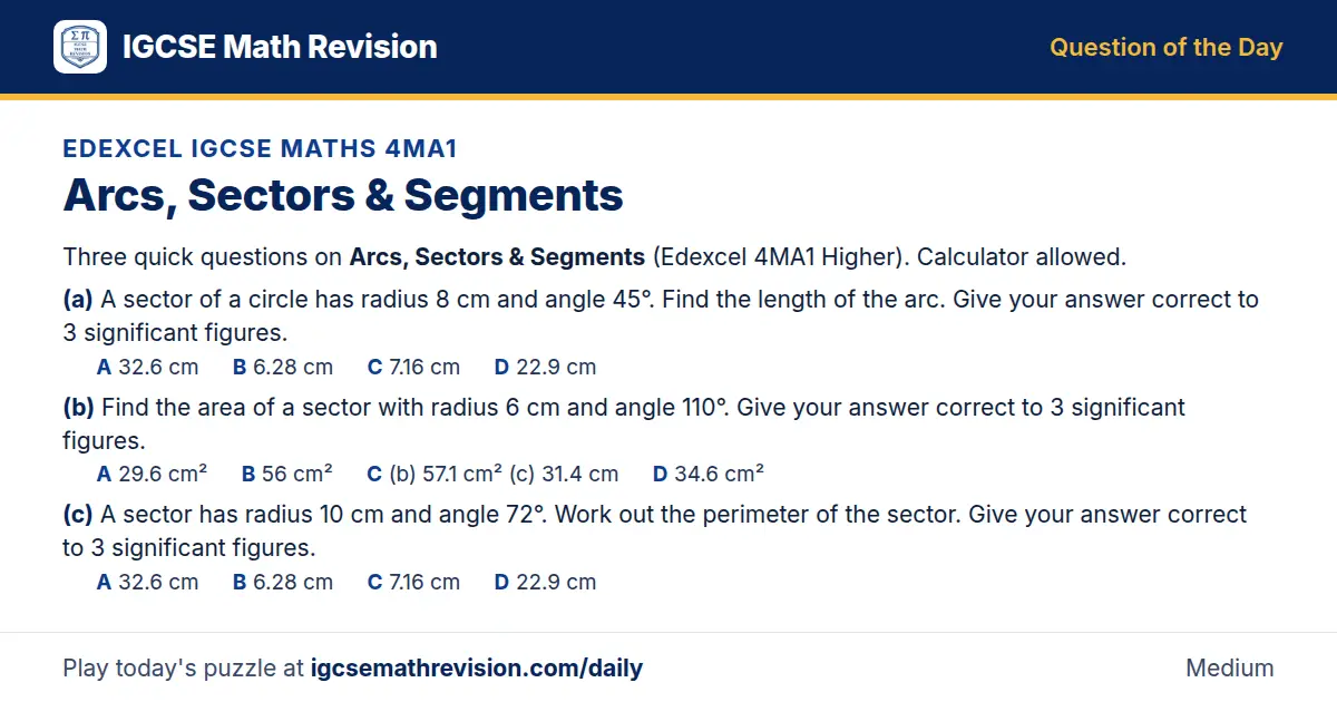 Edexcel IGCSE Maths 4MA1 Question of the Day on Arcs, Sectors & Segments, a 3-part multiple-choice question: Three quick questions on Arcs, Sectors Segments (Edexcel 4MA1 Higher). Calculator allowed. (a) A sector of a circle has radius 8 cm and…