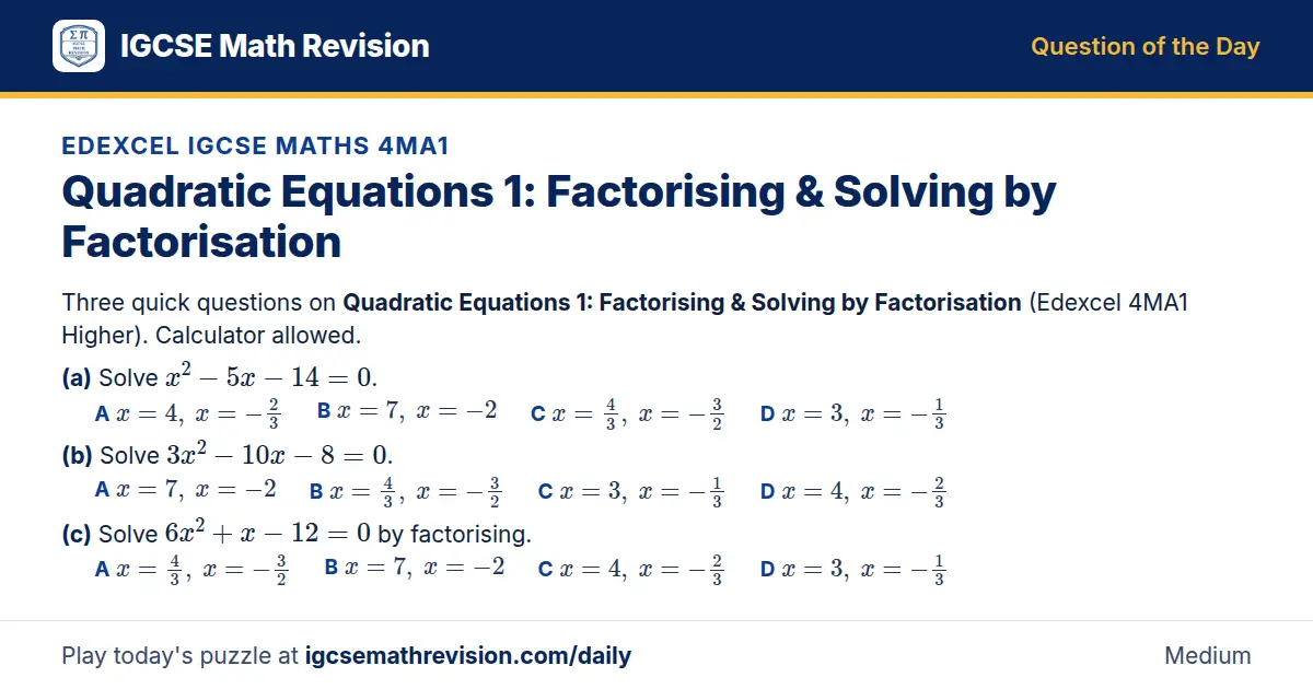 Edexcel IGCSE Maths 4MA1 Question of the Day on Quadratic Equations 1: Factorising & Solving by Factorisation, a 3-part multiple-choice question: Three quick questions on Quadratic Equations 1: Factorising Solving by Factorisation (Edexcel 4MA1…
