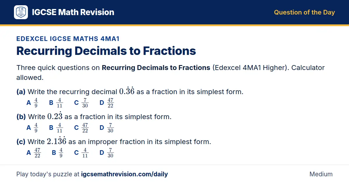 Edexcel IGCSE Maths 4MA1 Question of the Day on Recurring Decimals to Fractions, a 3-part multiple-choice question: Three quick questions on Recurring Decimals to Fractions (Edexcel 4MA1 Higher). Calculator allowed. (a) Write the recurring decimal…