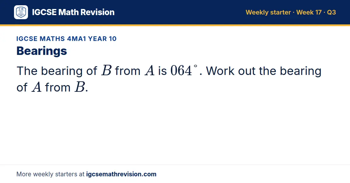 IGCSE Maths 4MA1 Year 10 starter question on Bearings: The bearing of B from A is 064°. Work out the bearing of A from B.