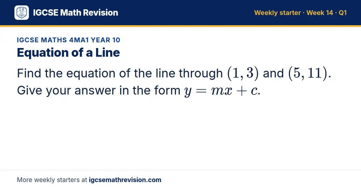 IGCSE Maths 4MA1 Year 10 starter question on Equation of a Line: Find the equation of the line through (1, 3) and (5, 11). Give your answer in the form y = mx + c.