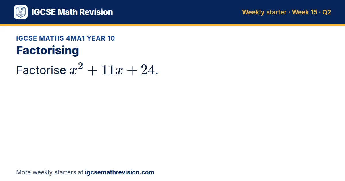 IGCSE Maths 4MA1 Year 10 starter question on Factorising: Factorise x² + 11x + 24.
