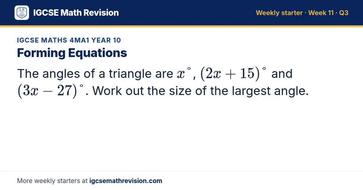 IGCSE Maths 4MA1 Year 10 starter question on Forming Equations: The angles of a triangle are x°, (2x + 15)° and (3x - 27)°. Work out the size of the largest angle.