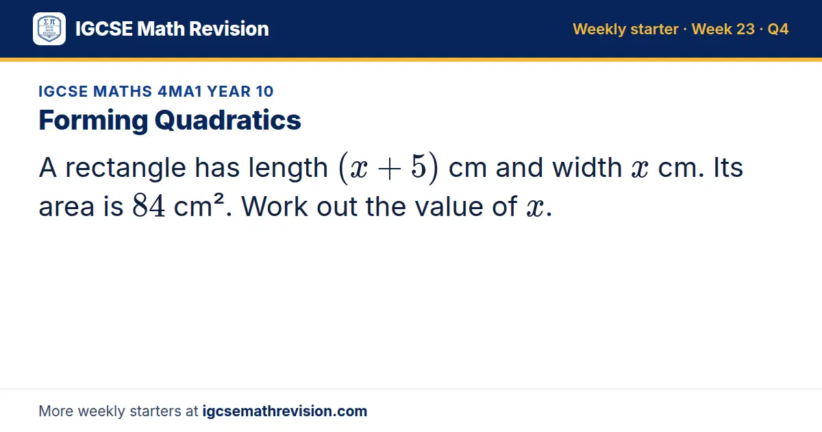 IGCSE Maths 4MA1 Year 10 starter question on Forming Quadratics: A rectangle has length (x + 5) cm and width x cm. Its area is 84 cm². Work out the value of x.