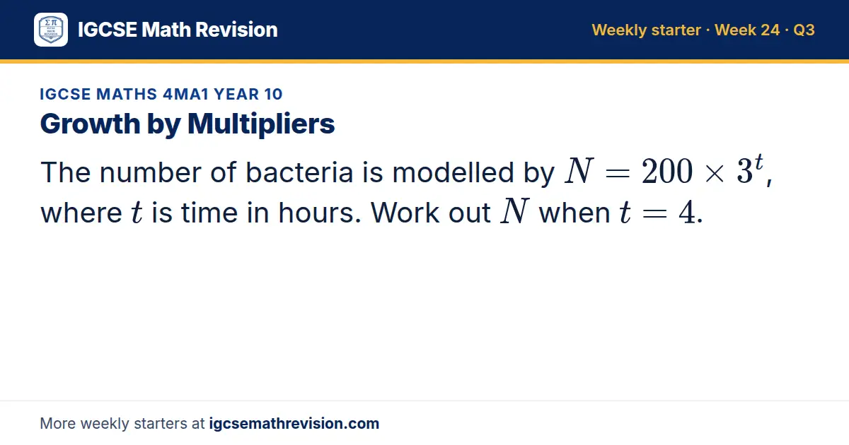 IGCSE Maths 4MA1 Year 10 starter question on Growth by Multipliers: The number of bacteria is modelled by N = 200 × 3^t, where t is time in hours. Work out N when t = 4.