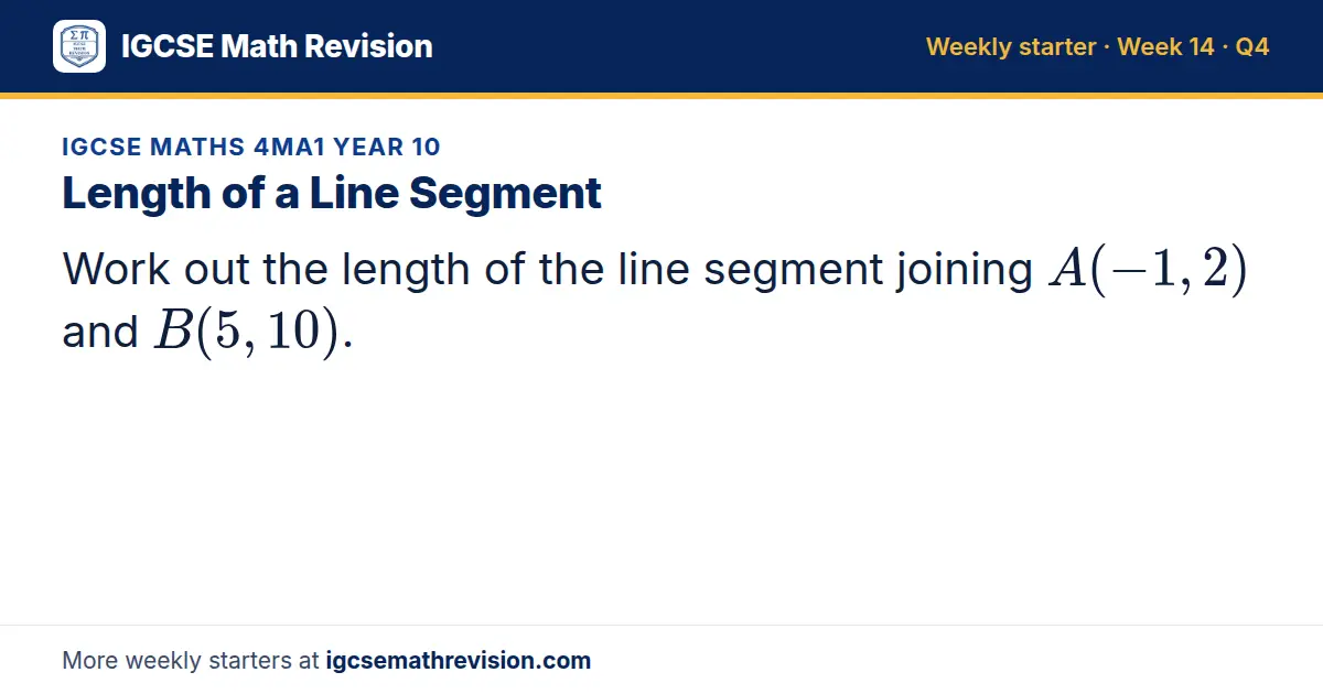 IGCSE Maths 4MA1 Year 10 starter question on Length of a Line Segment: Work out the length of the line segment joining A(-1, 2) and B(5, 10).