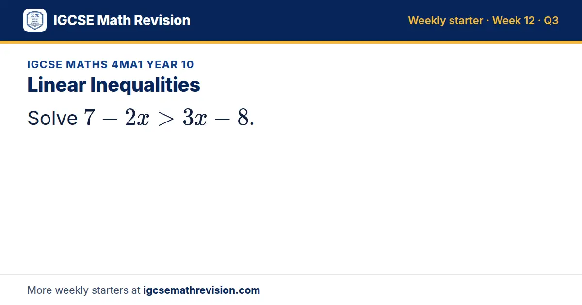 IGCSE Maths 4MA1 Year 10 starter question on Linear Inequalities: Solve 7 - 2x > 3x - 8.