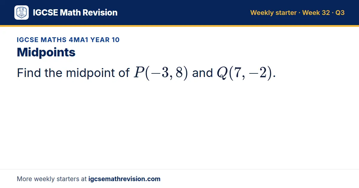 IGCSE Maths 4MA1 Year 10 starter question on Midpoints: Find the midpoint of P(-3, 8) and Q(7, -2).