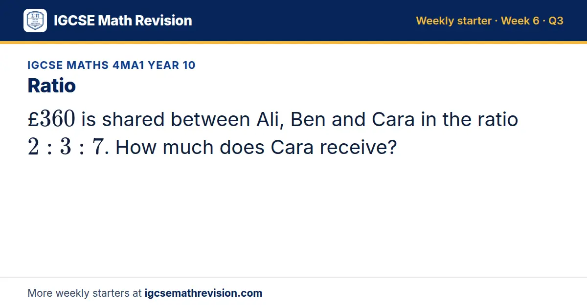 IGCSE Maths 4MA1 Year 10 starter question on Ratio: £360 is shared between Ali, Ben and Cara in the ratio 2: 3: 7. How much does Cara receive?