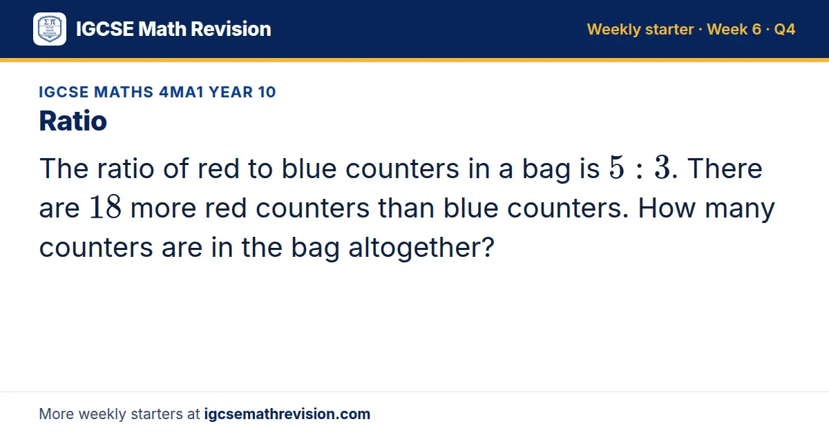 IGCSE Maths 4MA1 Year 10 starter question on Ratio: The ratio of red to blue counters in a bag is 5: 3. There are 18 more red counters than blue counters. How many counters are in the bag altogether?