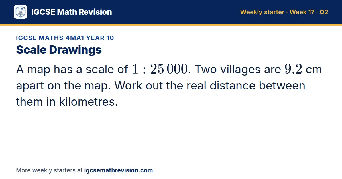 IGCSE Maths 4MA1 Year 10 starter question on Scale Drawings: A map has a scale of 1: 25 000. Two villages are 9.2 cm apart on the map. Work out the real distance between them in kilometres.