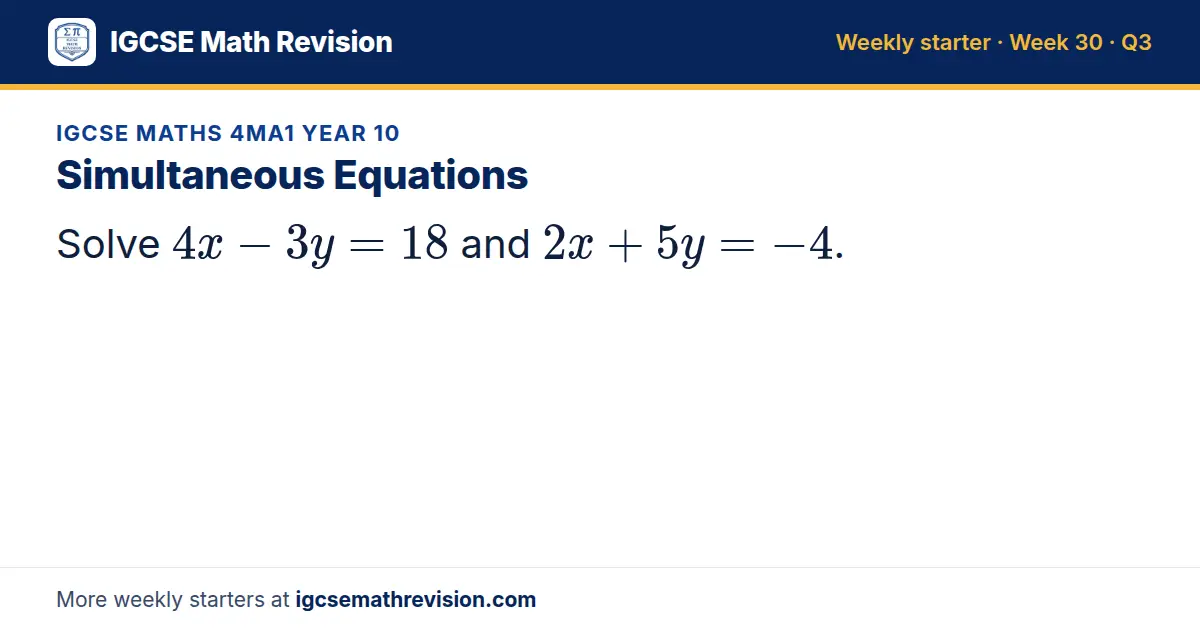 IGCSE Maths 4MA1 Year 10 starter question on Simultaneous Equations: Solve 4x - 3y = 18 and 2x + 5y = -4.