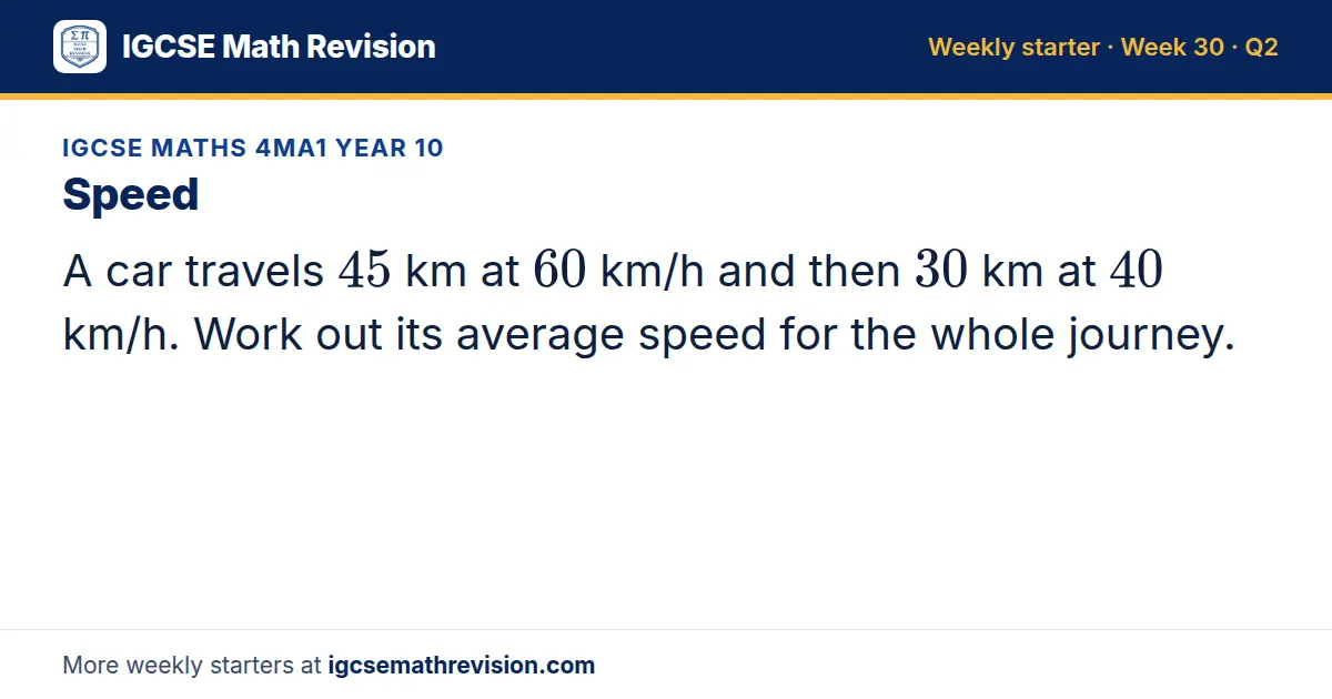 IGCSE Maths 4MA1 Year 10 starter question on Speed: A car travels 45 km at 60 km/h and then 30 km at 40 km/h. Work out its average speed for the whole journey.