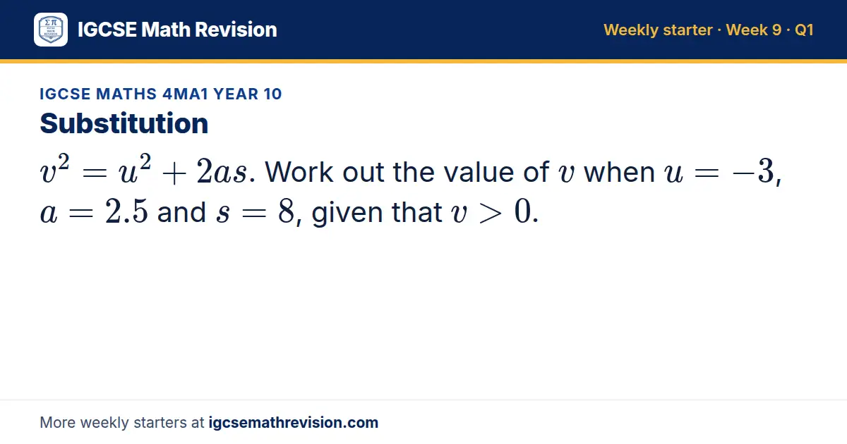 IGCSE Maths 4MA1 Year 10 starter question on Substitution: v² = u² + 2as. Work out the value of v when u = -3, a = 2.5 and s = 8, given that v > 0.