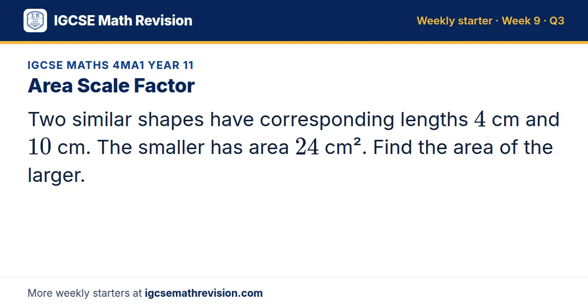 IGCSE Maths 4MA1 Year 11 starter question on Area Scale Factor: Two similar shapes have corresponding lengths 4 cm and 10 cm. The smaller has area 24 cm². Find the area of the larger.