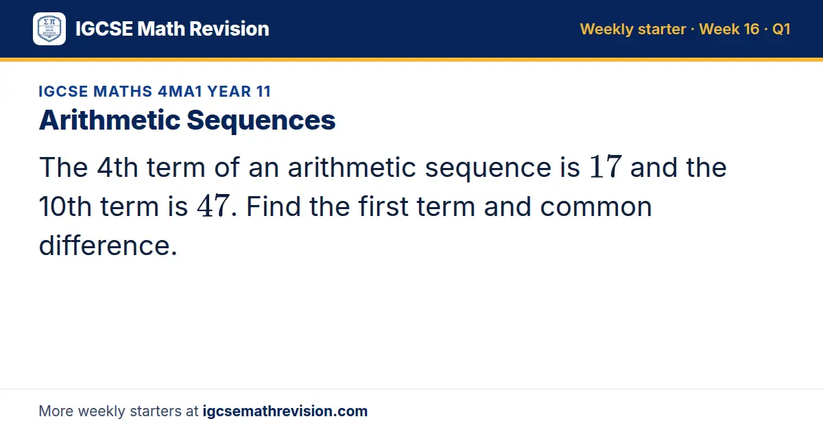 IGCSE Maths 4MA1 Year 11 starter question on Arithmetic Sequences: The 4th term of an arithmetic sequence is 17 and the 10th term is 47. Find the first term and common difference.