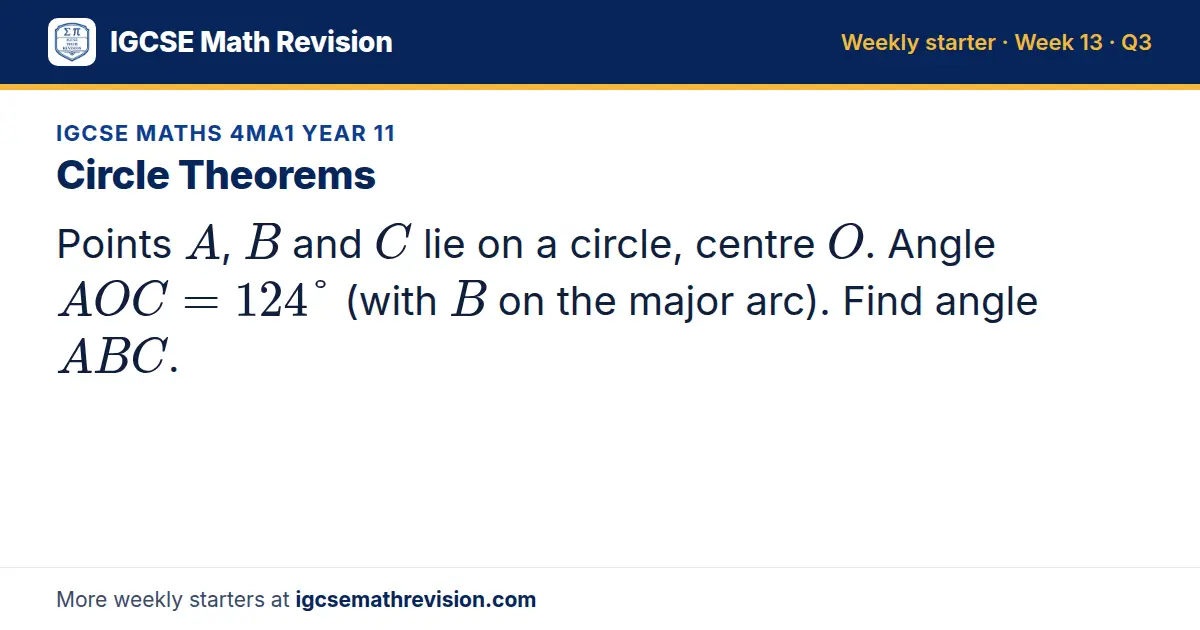 IGCSE Maths 4MA1 Year 11 starter question on Circle Theorems: Points A, B and C lie on a circle, centre O. Angle AOC = 124° (with B on the major arc). Find angle ABC.