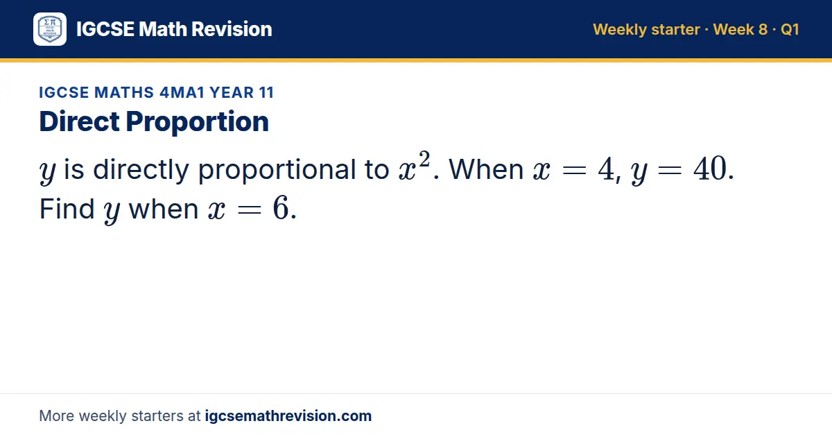 IGCSE Maths 4MA1 Year 11 starter question on Direct Proportion: y is directly proportional to x^2. When x = 4, y = 40. Find y when x = 6.