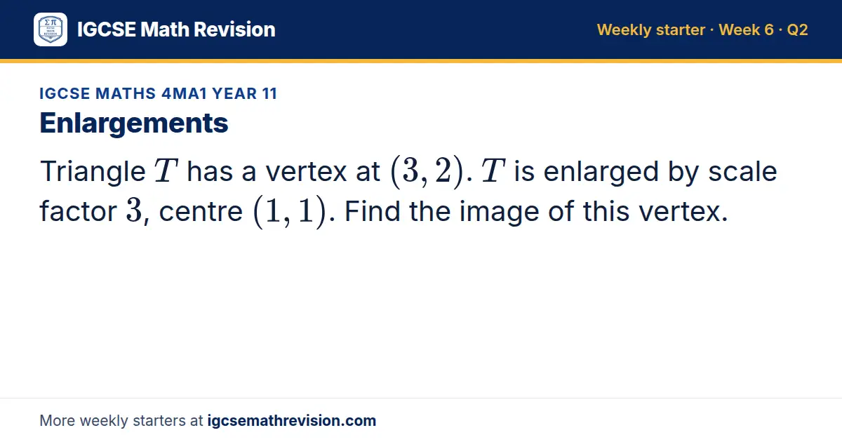 IGCSE Maths 4MA1 Year 11 starter question on Enlargements: Triangle T has a vertex at (3, 2). T is enlarged by scale factor 3, centre (1, 1). Find the image of this vertex.