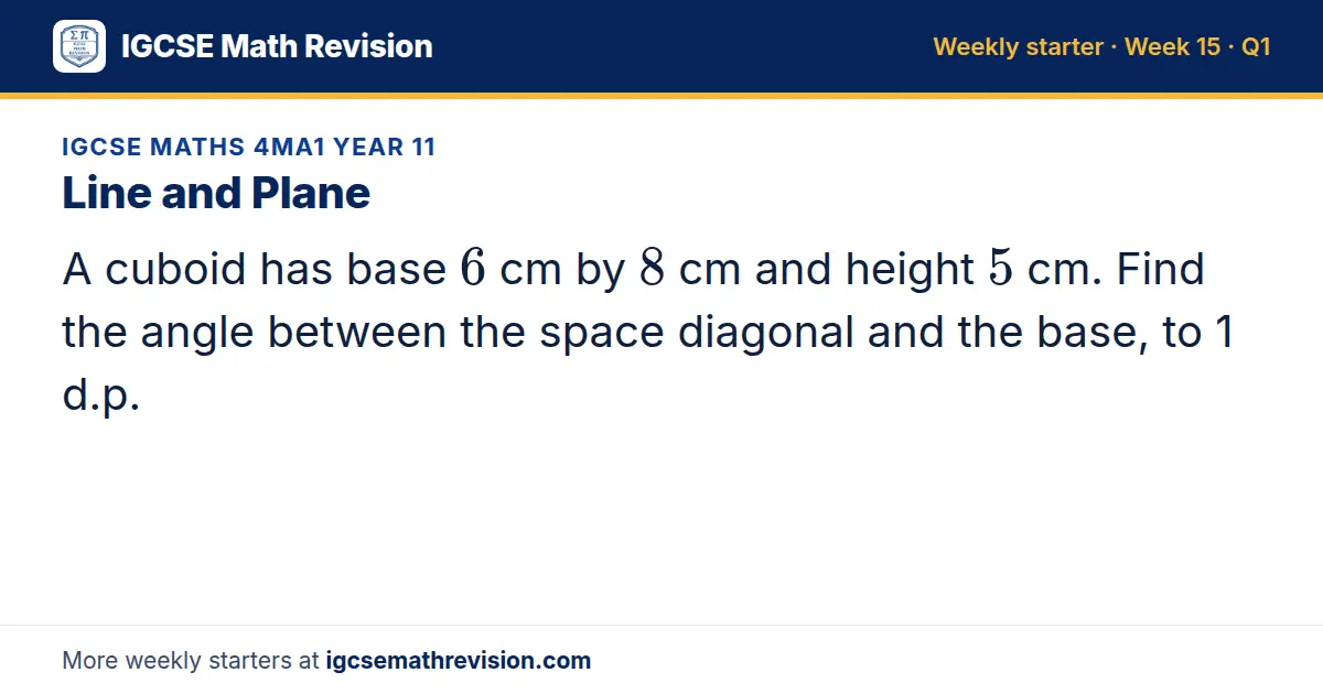 IGCSE Maths 4MA1 Year 11 starter question on Line and Plane: A cuboid has base 6 cm by 8 cm and height 5 cm. Find the angle between the space diagonal and the base, to 1 d.p.
