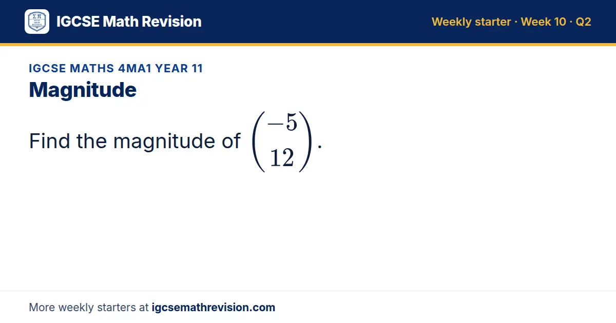 IGCSE Maths 4MA1 Year 11 starter question on Magnitude: Find the magnitude of -5; 12.