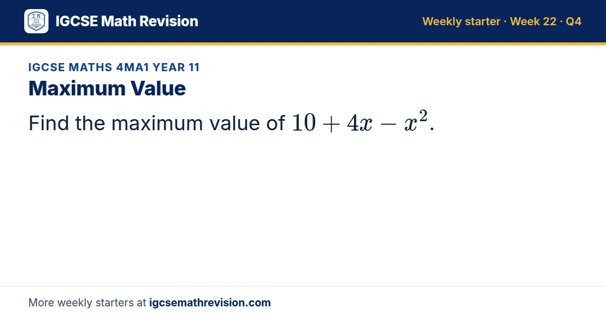 IGCSE Maths 4MA1 Year 11 starter question on Maximum Value: Find the maximum value of 10 + 4x - x^2.