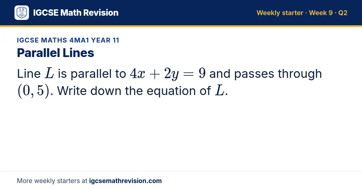 IGCSE Maths 4MA1 Year 11 starter question on Parallel Lines: Line L is parallel to 4x + 2y = 9 and passes through (0, 5). Write down the equation of L.