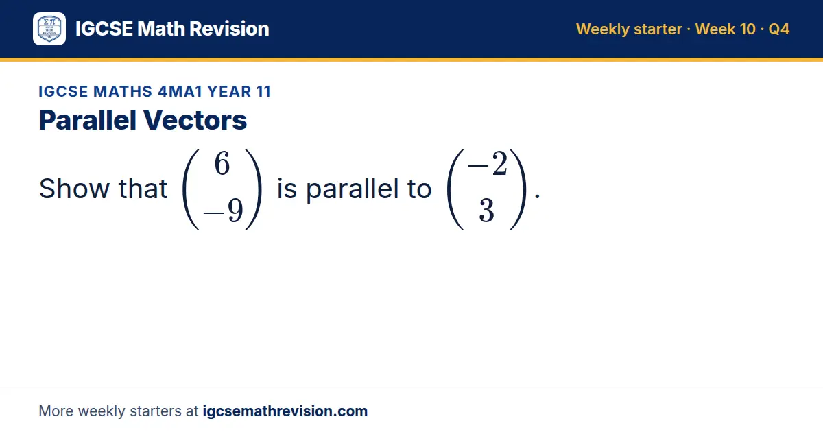 IGCSE Maths 4MA1 Year 11 starter question on Parallel Vectors: Show that 6; -9 is parallel to -2; 3.