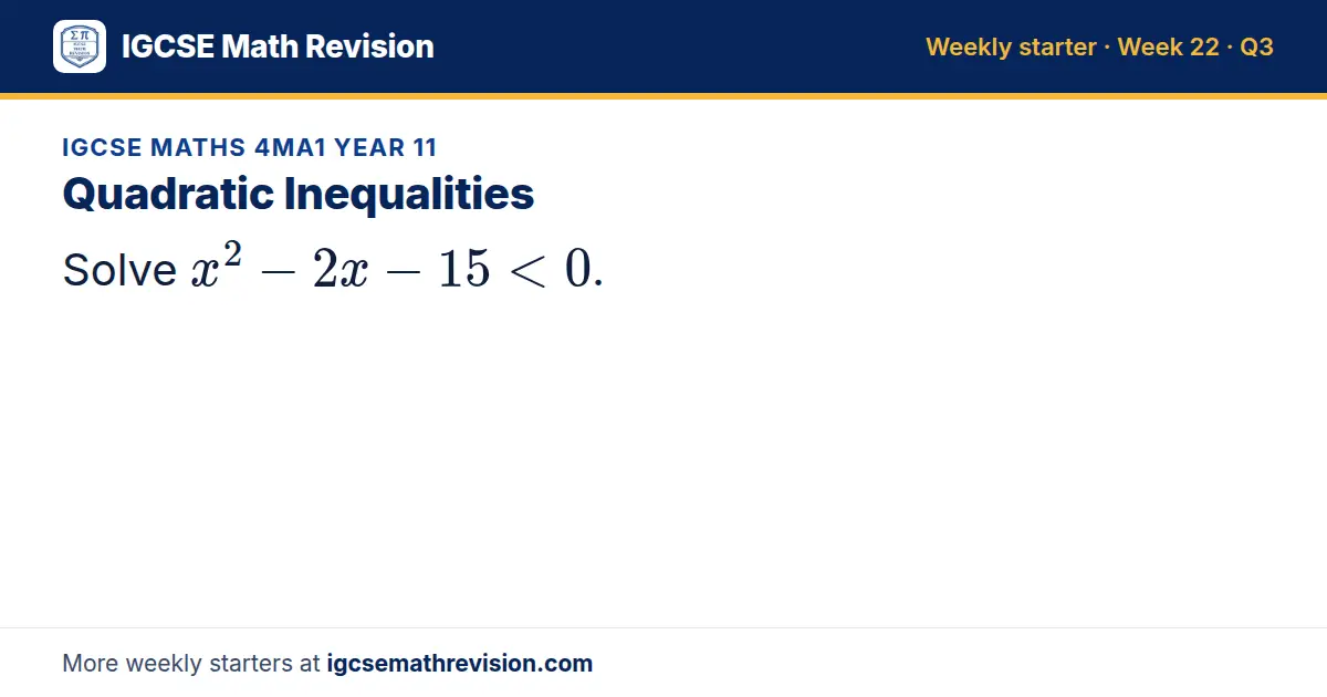 IGCSE Maths 4MA1 Year 11 starter question on Quadratic Inequalities: Solve x² - 2x - 15 < 0.