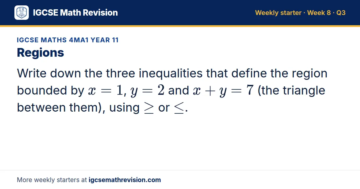 IGCSE Maths 4MA1 Year 11 starter question on Regions: Write down the three inequalities that define the region bounded by x = 1, y = 2 and x + y = 7 (the triangle between them), using ≥ or ≤.