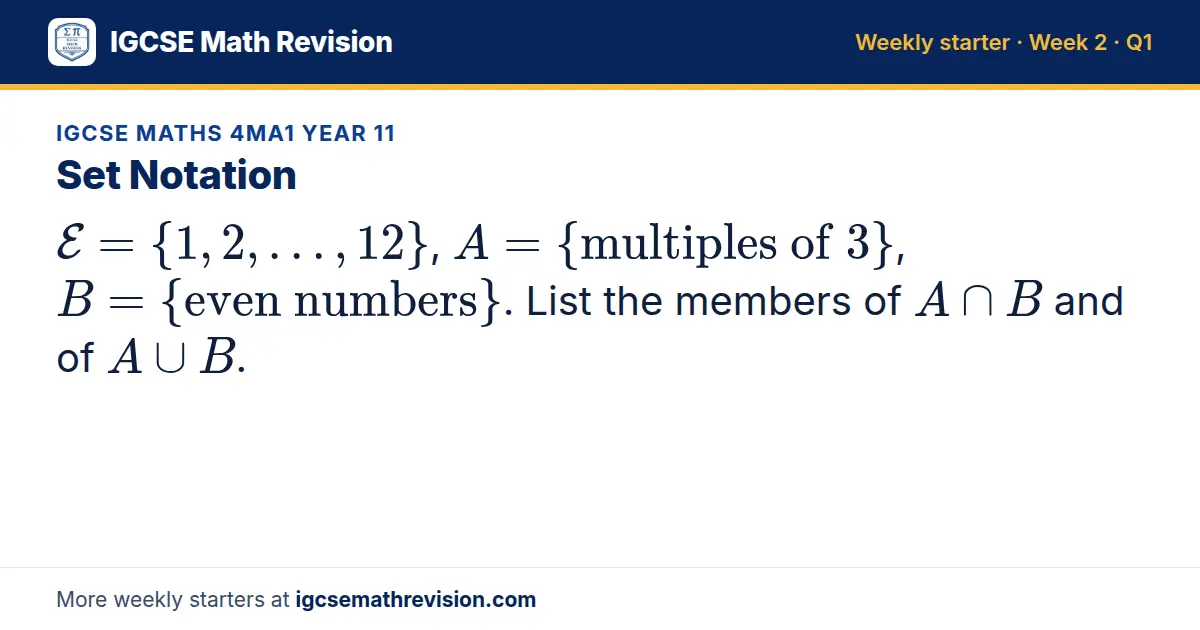 IGCSE Maths 4MA1 Year 11 starter question on Set Notation: E = 1, 2, …, 12, A = multiples of 3, B = even numbers. List the members of A ∩ B and of A ∪ B.
