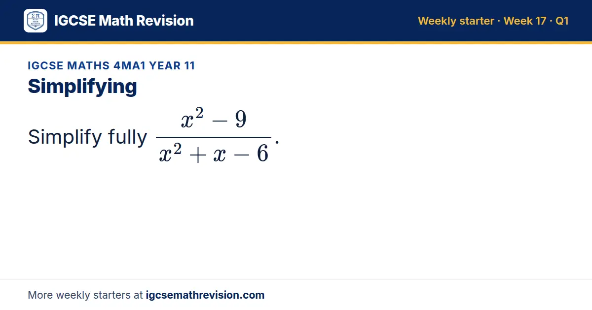 IGCSE Maths 4MA1 Year 11 starter question on Simplifying: Simplify fully (x² - 9)/(x² + x - 6).