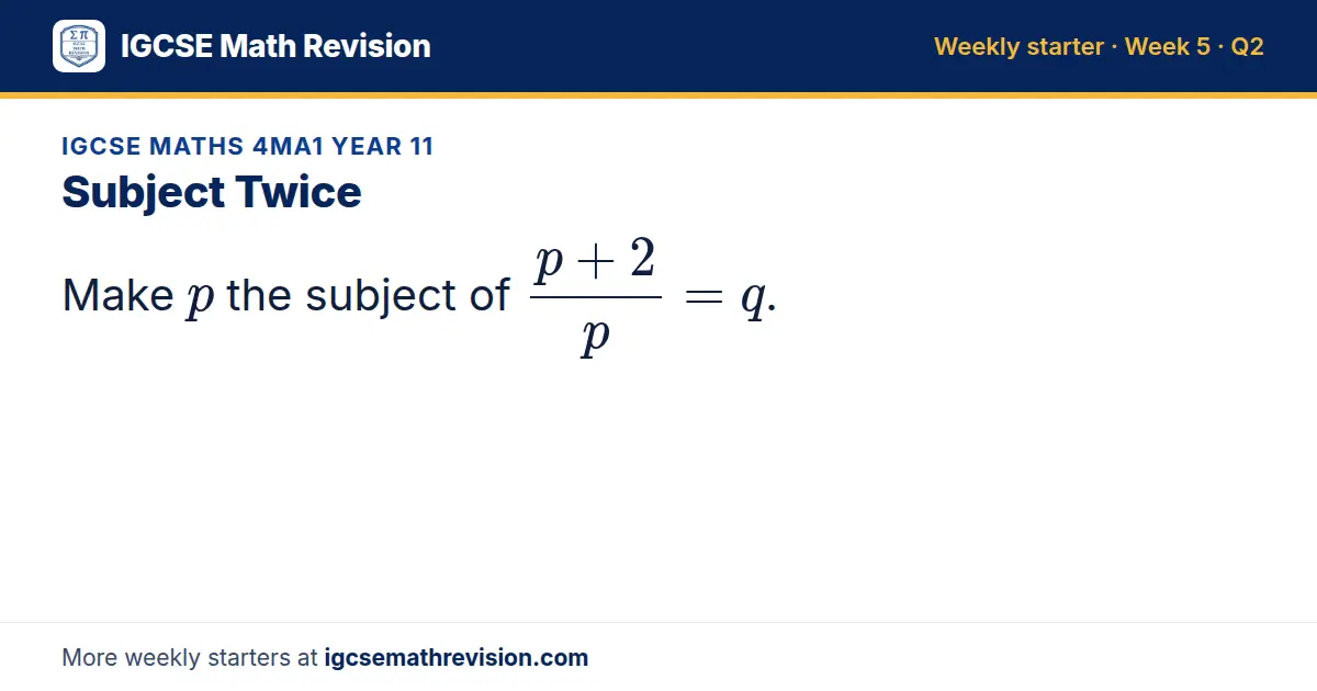 IGCSE Maths 4MA1 Year 11 starter question on Subject Twice: Make p the subject of (p + 2)/p = q.