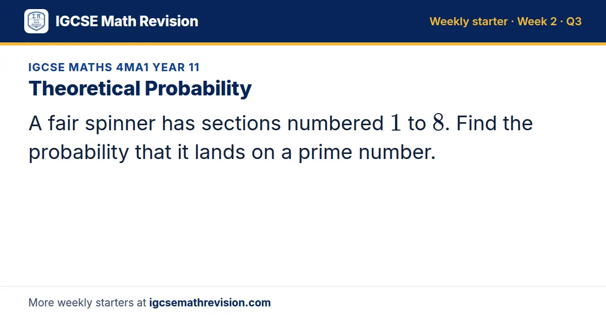 IGCSE Maths 4MA1 Year 11 starter question on Theoretical Probability: A fair spinner has sections numbered 1 to 8. Find the probability that it lands on a prime number.