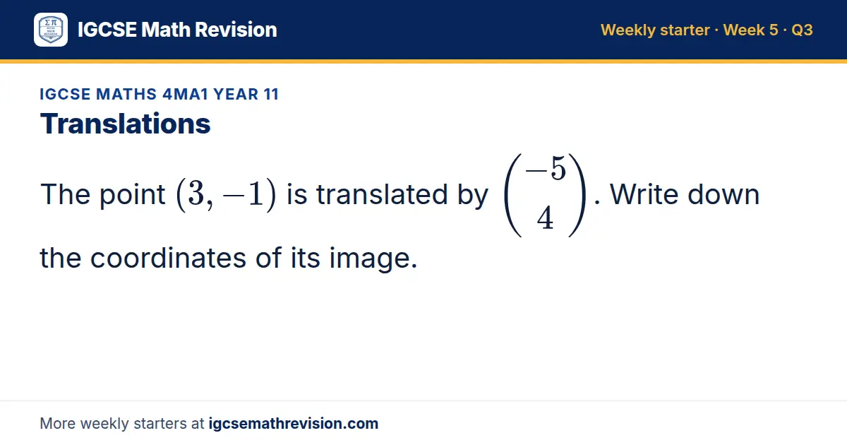 IGCSE Maths 4MA1 Year 11 starter question on Translations: The point (3, -1) is translated by -5; 4. Write down the coordinates of its image.