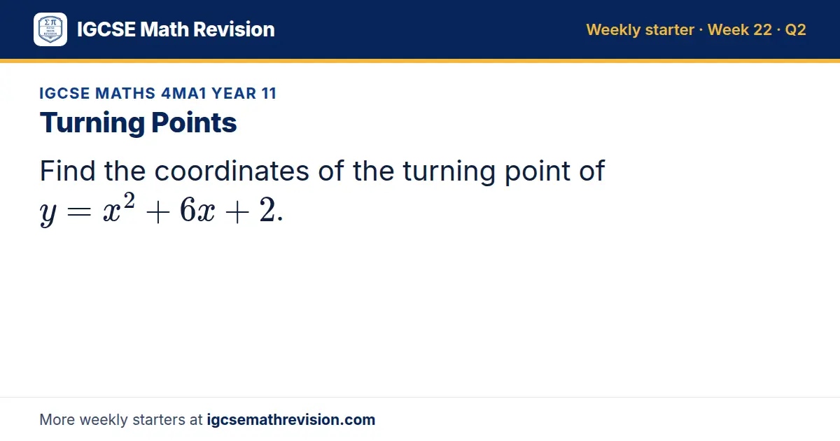 IGCSE Maths 4MA1 Year 11 starter question on Turning Points: Find the coordinates of the turning point of y = x² + 6x + 2.