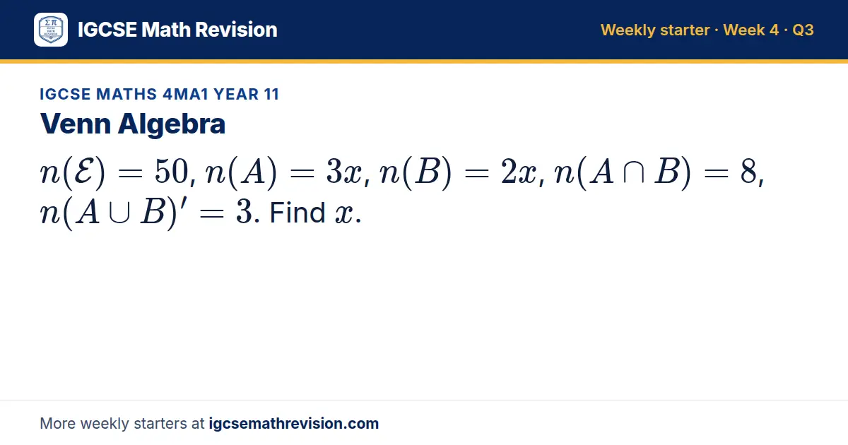 IGCSE Maths 4MA1 Year 11 starter question on Venn Algebra: n(E) = 50, n(A) = 3x, n(B) = 2x, n(A ∩ B) = 8, n(A ∪ B)' = 3. Find x.