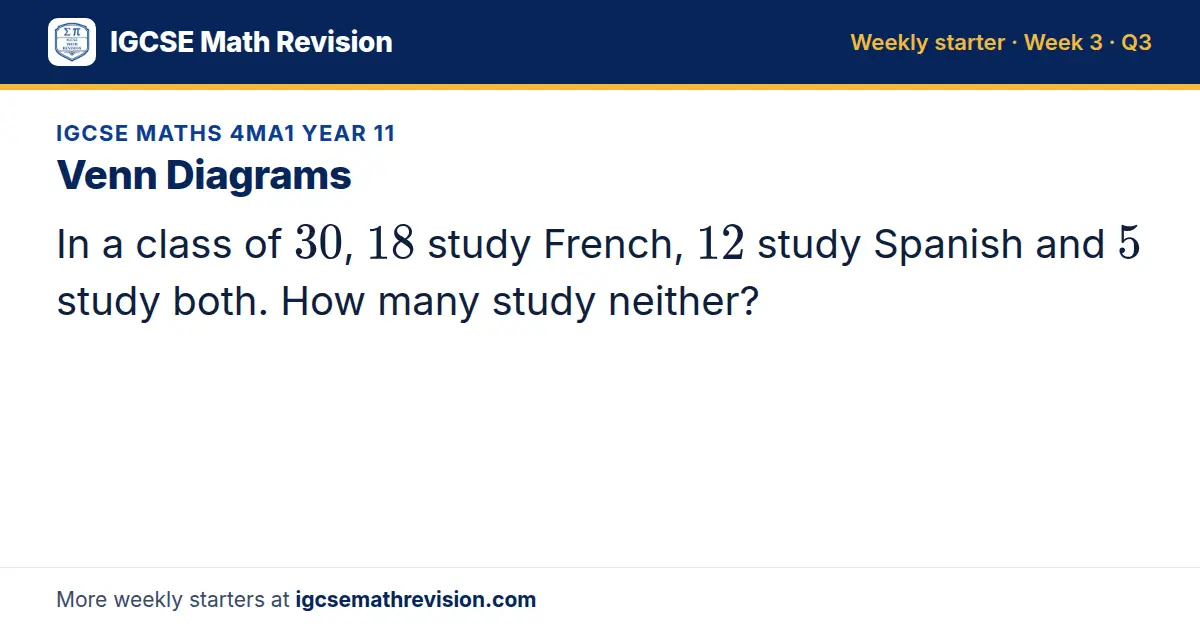 IGCSE Maths 4MA1 Year 11 starter question on Venn Diagrams: In a class of 30, 18 study French, 12 study Spanish and 5 study both. How many study neither?