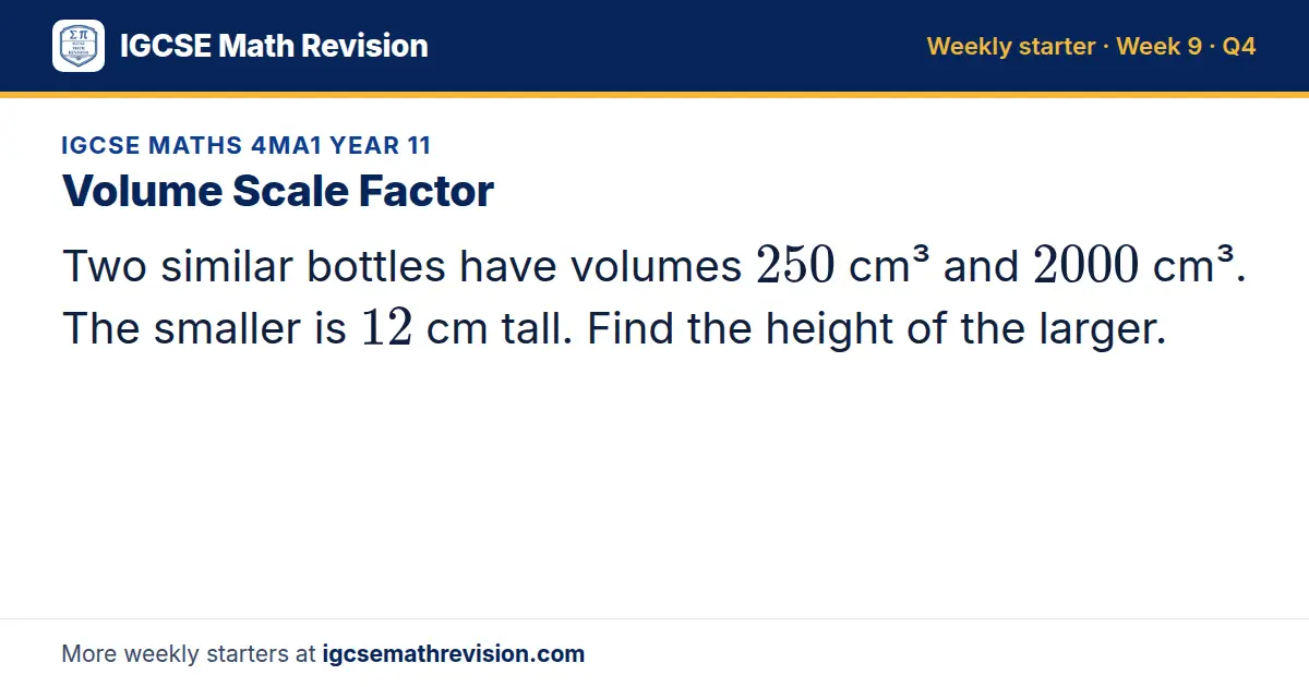 IGCSE Maths 4MA1 Year 11 starter question on Volume Scale Factor: Two similar bottles have volumes 250 cm³ and 2000 cm³. The smaller is 12 cm tall. Find the height of the larger.