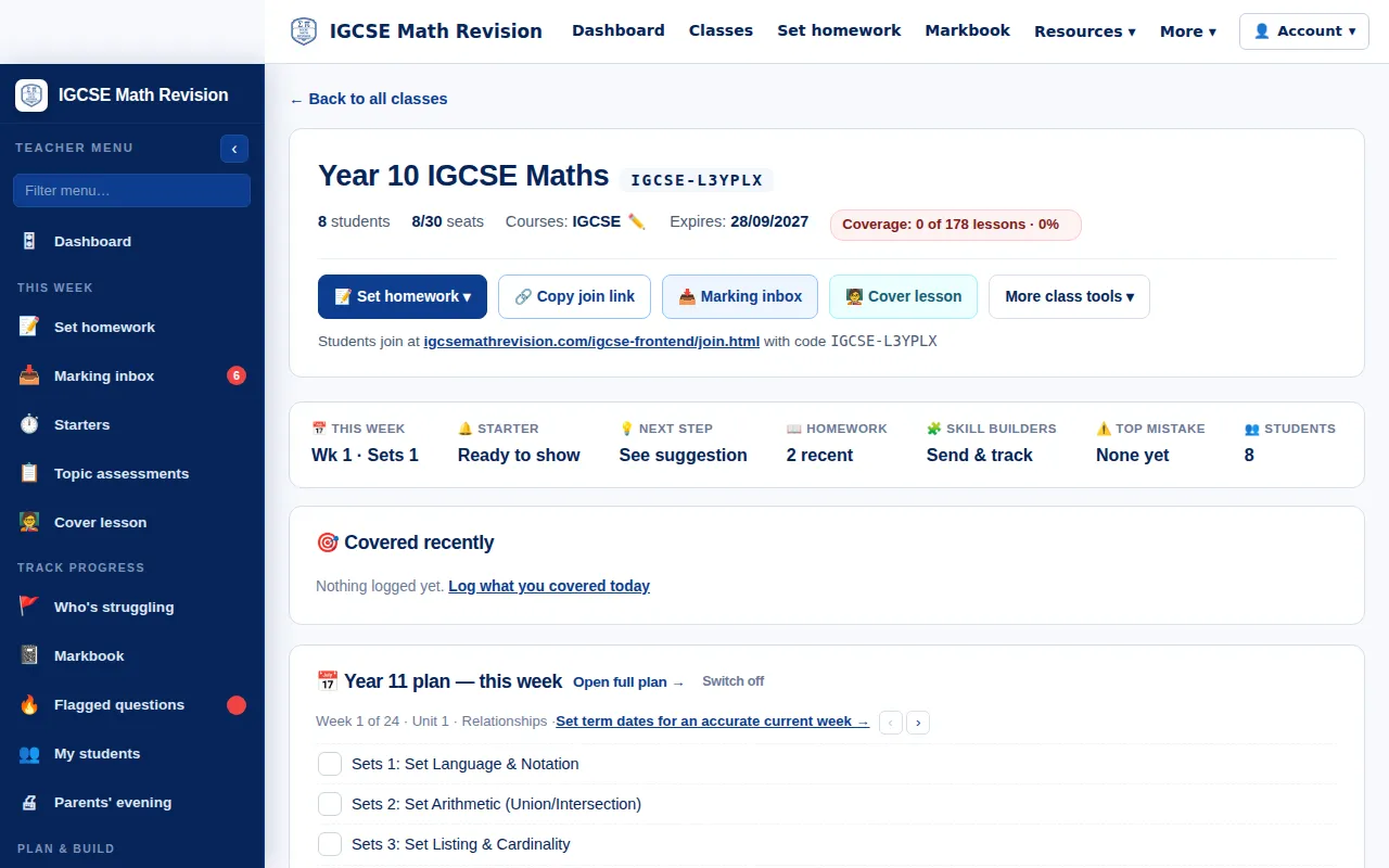 IGCSE Maths teacher class page for a demo class