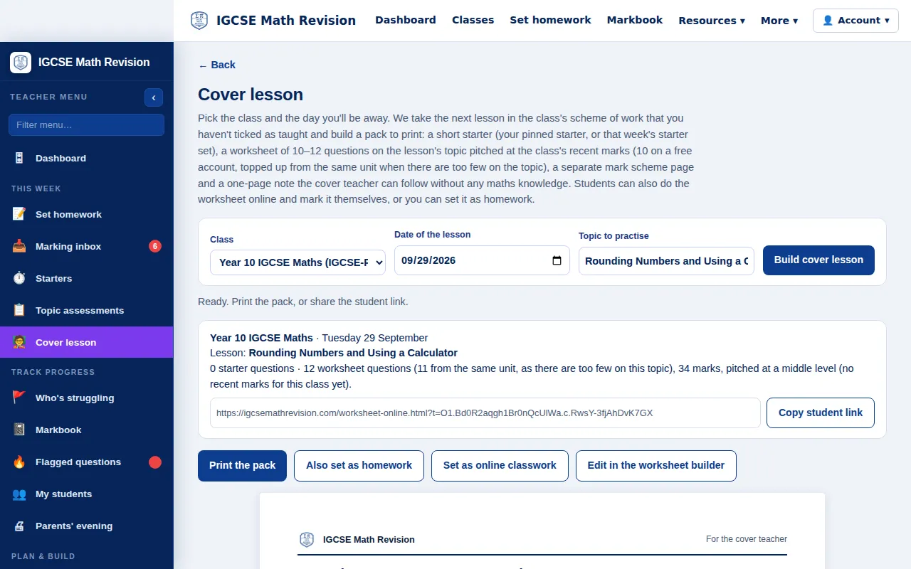 IGCSE Maths cover lesson builder with a ready pack for a demo class