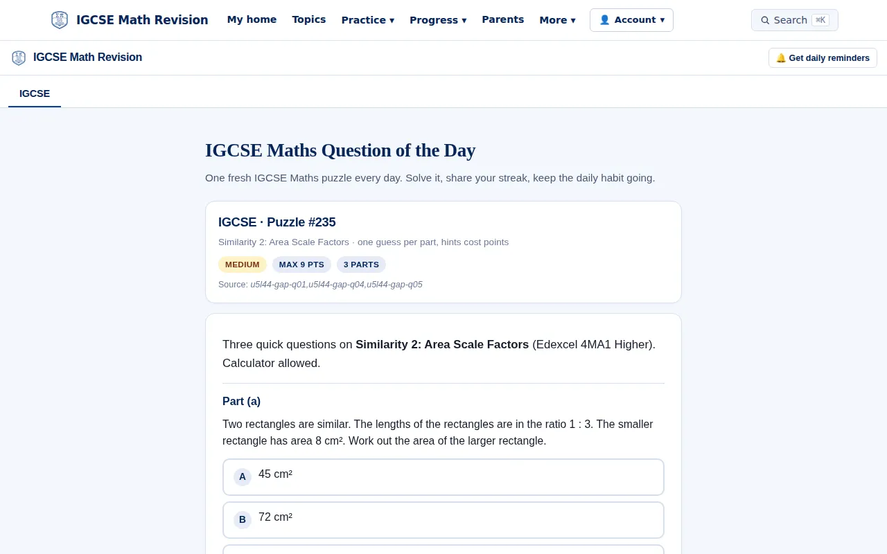 IGCSE Maths question of the day with answer options