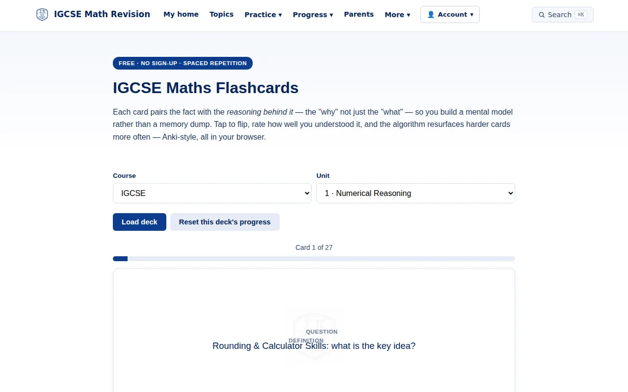 IGCSE Maths flashcards deck with a card showing a question
