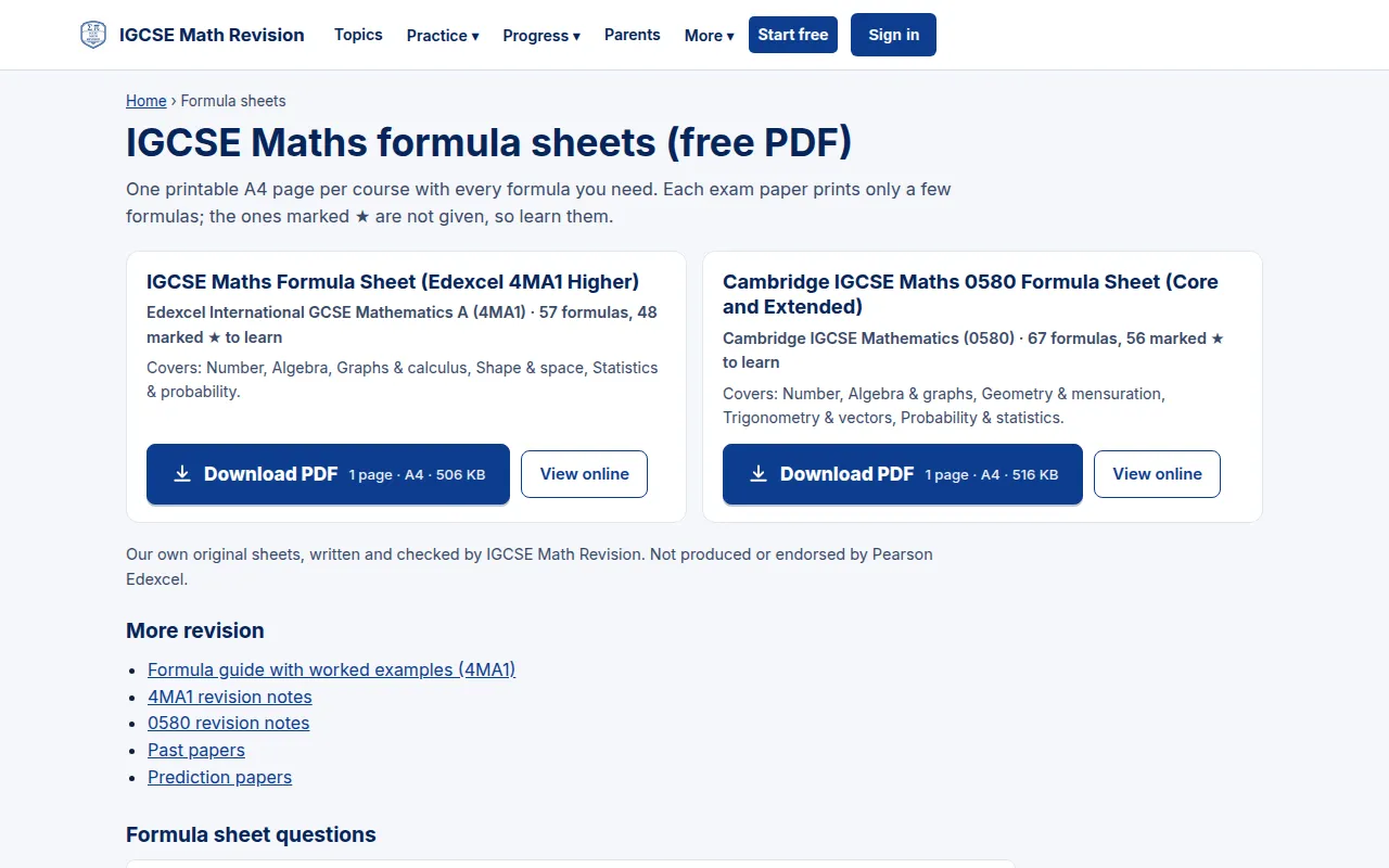 IGCSE Maths formula sheets page with PDF downloads