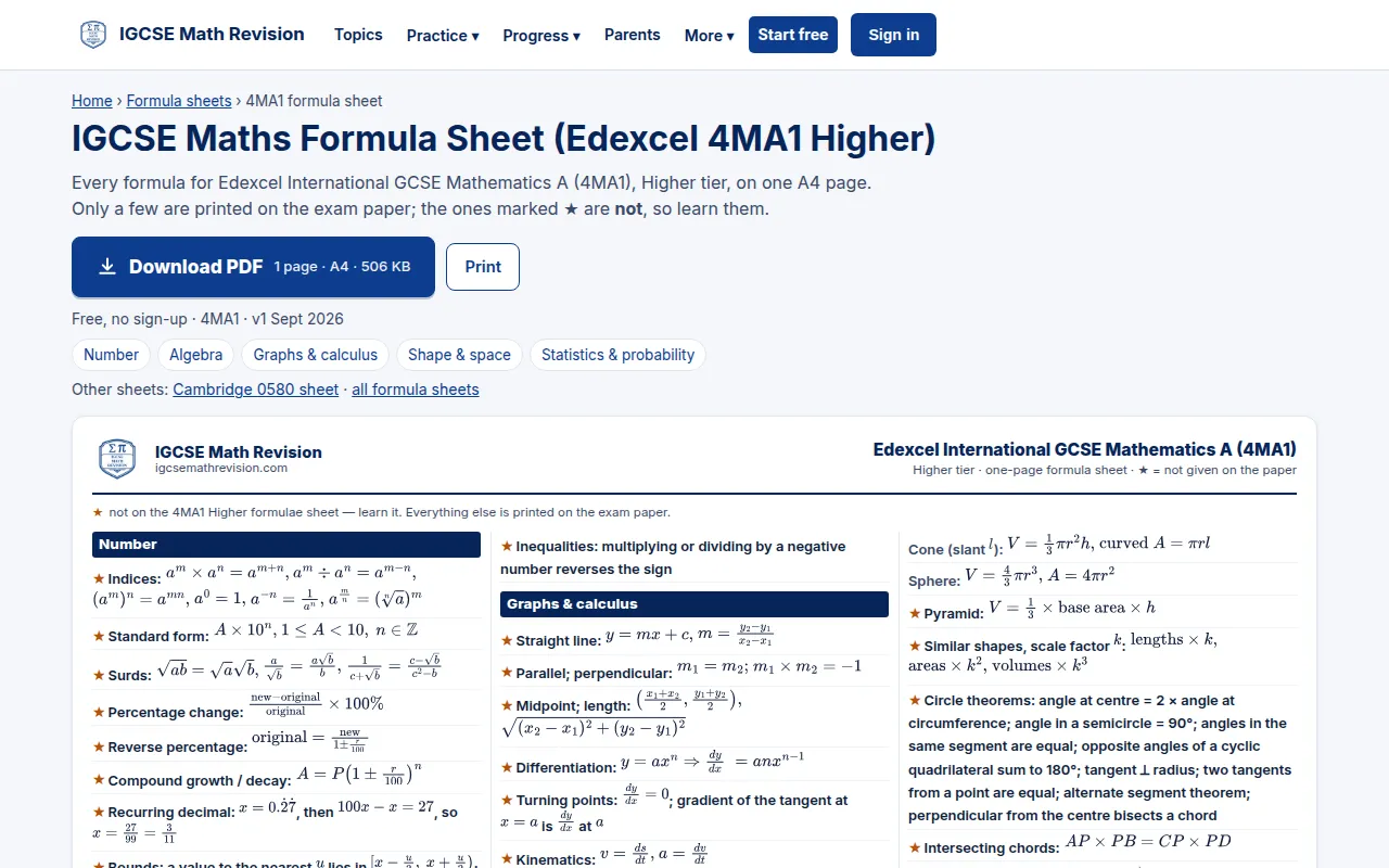 Preview of the IGCSE Maths Formula Sheet (Edexcel 4MA1 Higher)