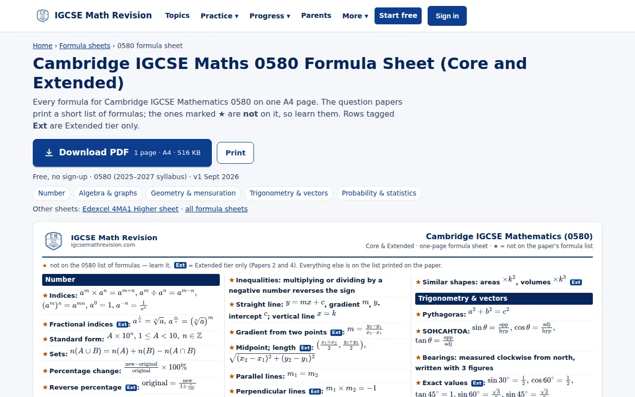 Preview of the Cambridge IGCSE Maths 0580 Formula Sheet (Core and Extended)