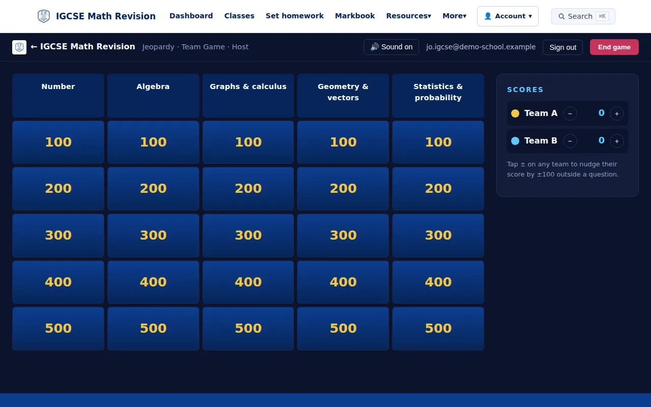 IGCSE Maths Jeopardy board with five categories